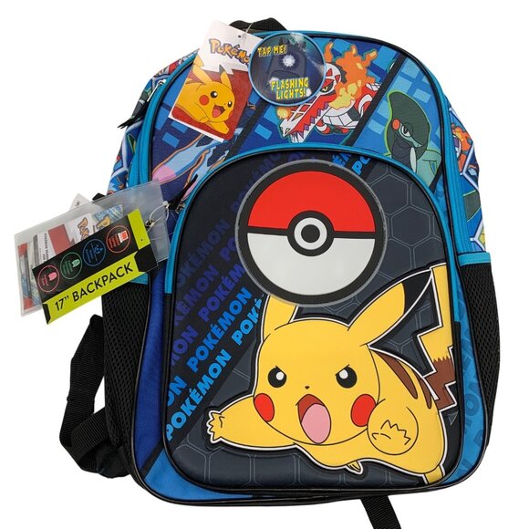 Pokemon Pikachu Backpack Kids 17-Inch Flashing Lights Trading Card Pack Bioworld - Picture 1 of 7